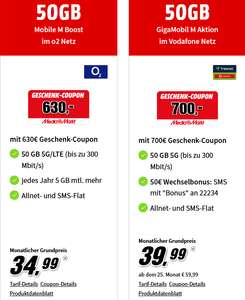 O2/Vodafone Netz: Allnet/SMS Flat 50GB 5G (O2 mit Connect) eff. 10,61€/Monat durch Wechselbonus / Geschenk Coupons
