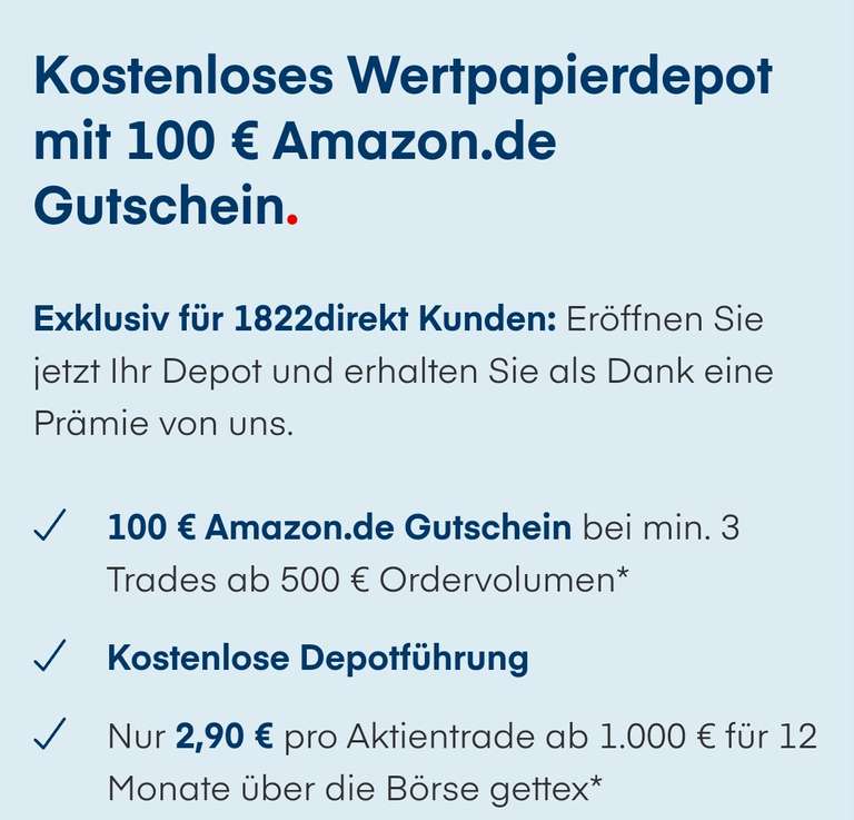1822direkt: 100€ Amazon-GS für 3 Trades und kostenloses Depot