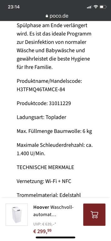 Hoover Waschvollautomat H3TFMQ46TAMCE-84 für 349,99 € bei Poco Domäne Online Shop - bei Abholung