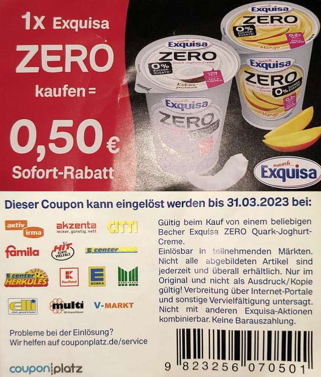 0,50€ Rabatt Coupon für den Kauf einer Exquisa Zero Quark-Joghurt-Creme bis 31.03.2023