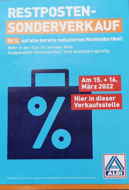 50% Aldi Nord Restposten Sonderverkauf (Lokal Hamburg und angrenzendes Umland) - Mehr in der Tüte für weniger Geld