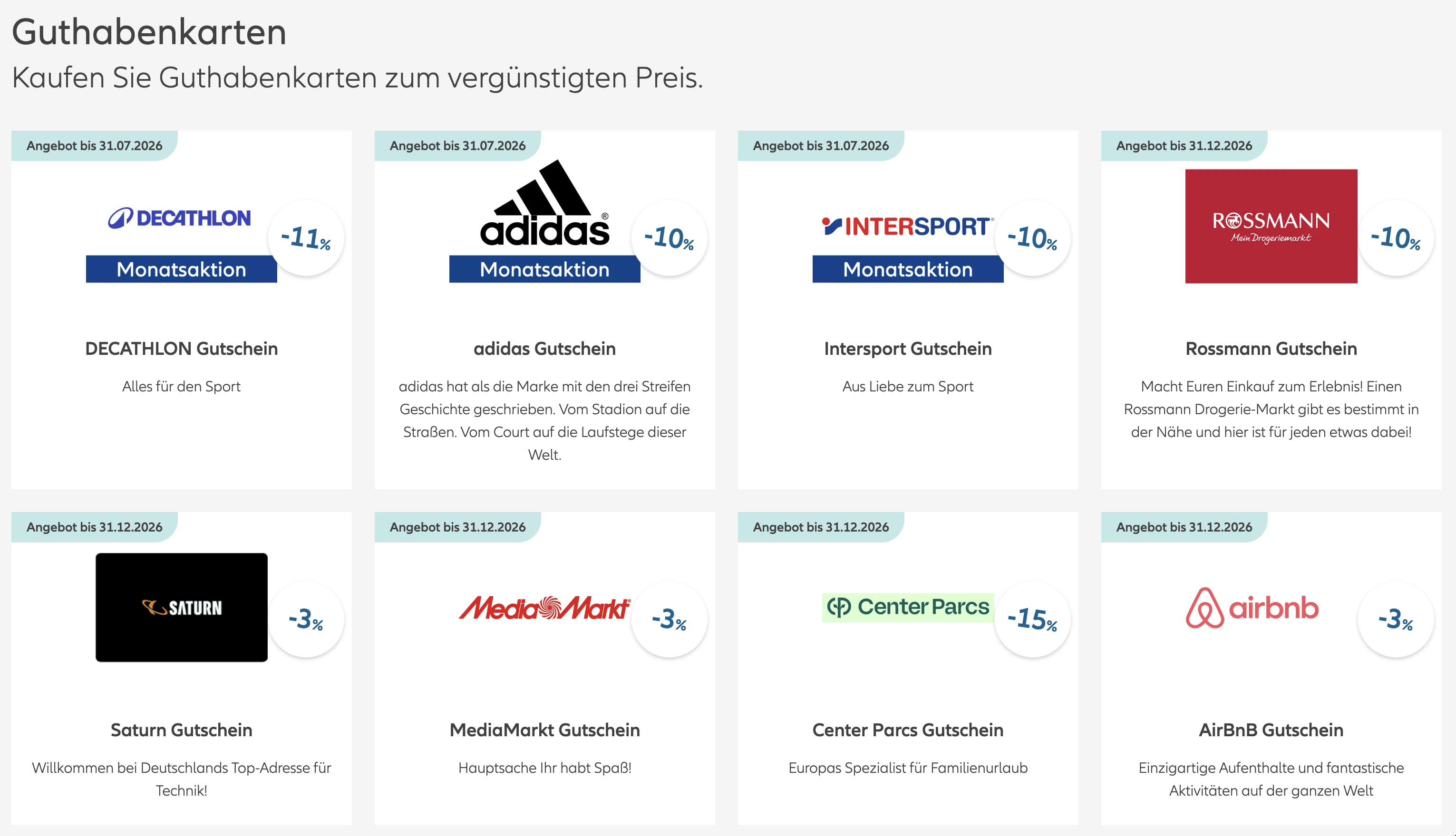 Geschenkgutscheine von Decathlon 11%, Adidas 10%, Intersport 10% und mehr in der Allianz Vorteilswelt für Alle
