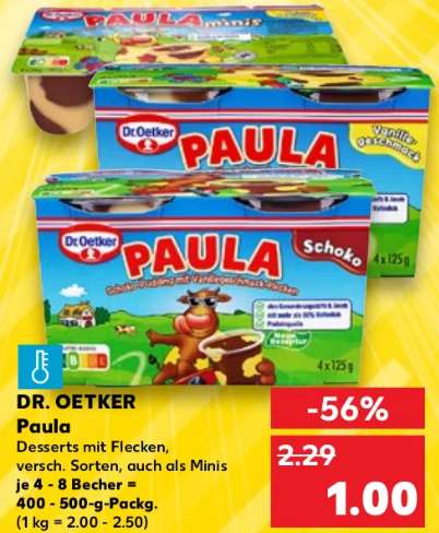[Kaufland] Dr. Oetker - Paula Desert mit Flecken, verschiedene Sorten, 4-8 Becher, 400-500 Gramm, nur 1,-- €