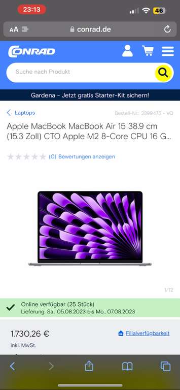 MacBook Air 2023 15“ 16GB RAM 512GB Festplatte