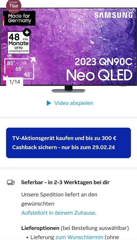 Samsung 85" 4K Neo Qled TV inkl 15% Rabatt und 300 Euro Cashback nur bei Otto bis 29.02.24