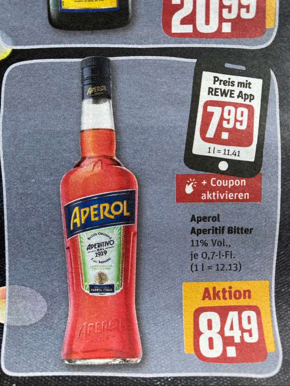 [Rewe] Aperol, 0,7l Flasche, App-Preis bzw. bei Netto MD, Kaufland für 7,77€ ab 29.12