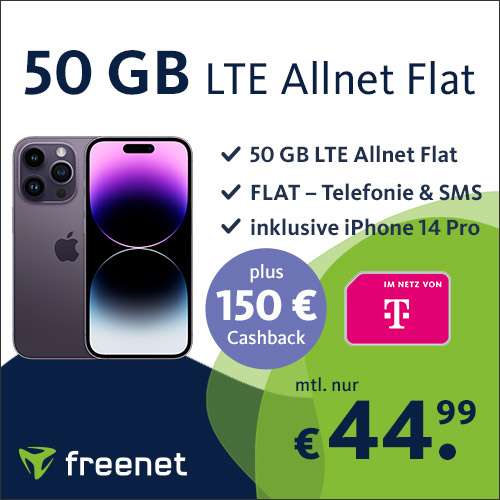 [Normalos | Telekom-Netz] iPhone 14 Pro & Telekom freenet mit 50GB + Allnet-Flat für 44,99€ mtl. + 249,99€ ZZ + 19,99€ AG | 150€ Cashback