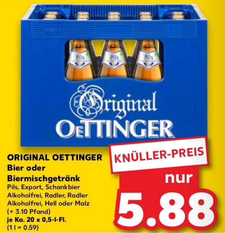 Original Oettinger Bier oder Biermischgetränk je Kiste 20x0,5l für 5,88 € [Regional]
