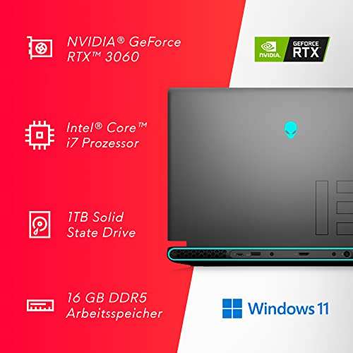 Alienware m15 R7 Gaming Laptop, 15,6“ FHD 165Hz 3ms Display, Intel Core i7-12700H Prozessor, 16GB RAM, 512GB SSD, NVIDIA GeForce RTX 3060