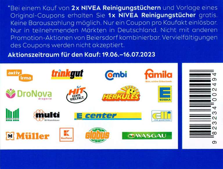 2+1 Coupon für den Kauf von Nivea Reinigungstücher-Produkten bis 16.07.2023