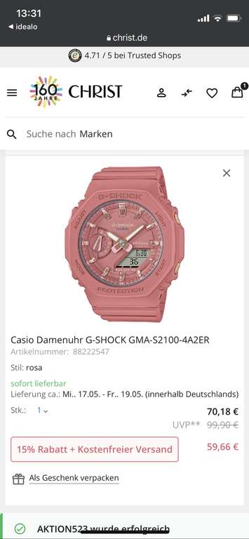 Casio Damenuhr G-SHOCK GMA-S2100-4A2ER rosa