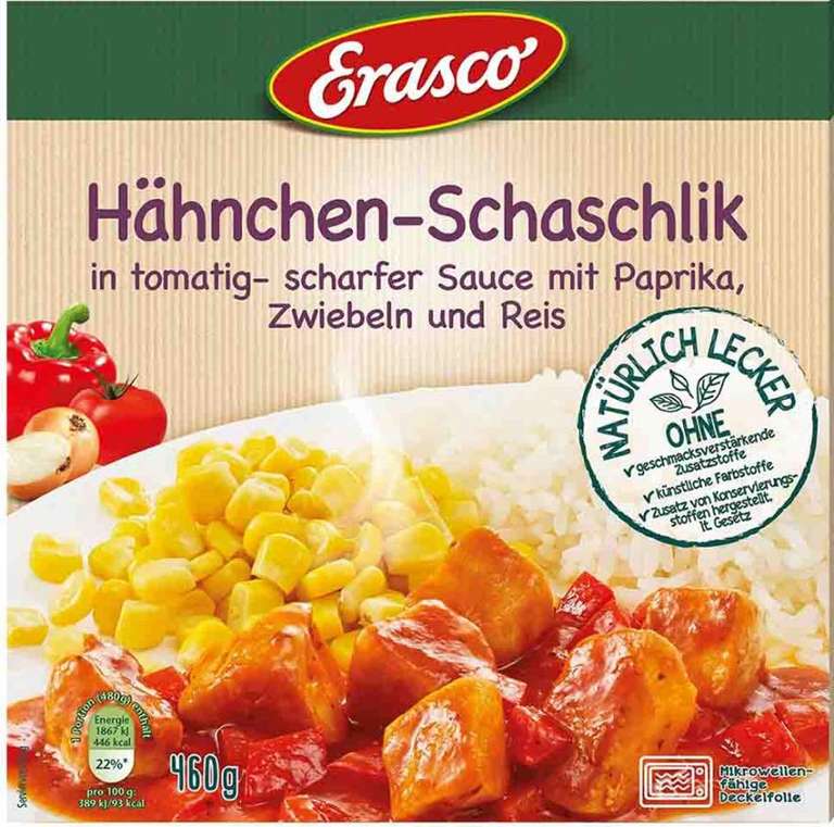 Erasco Menüschale Hähnchen-Schaschlik mit Reis und Putengeschnetzeltes Jägerart im Angebot für 1,49€ bei Jawoll und Wiglo