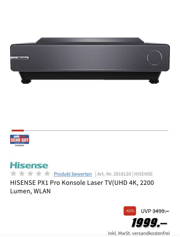 HISENSE PX1 Pro Konsole Laser TV(UHD 4K, 2200 Lumen, WLAN