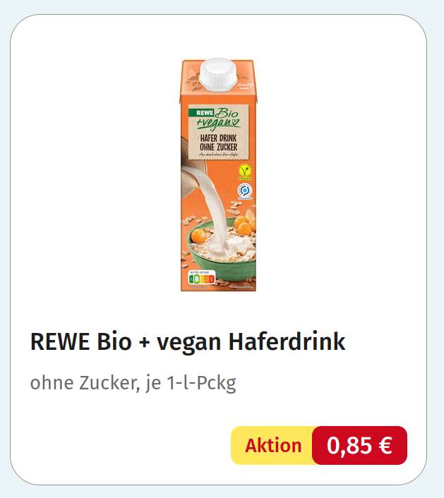 2x REWE Bio + vegan Haferdrink ohne Zucker (mit 10% REWE Bio App Coupon)