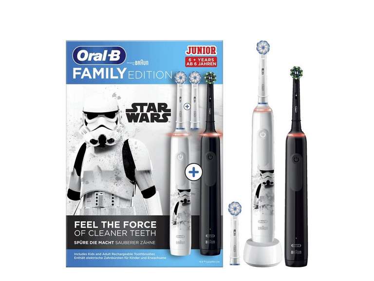 Oral-B Family Edition Elektrische Zahnbürsten Set: 1 elektrische Oral-B Pro 3 Schwarz & 1 elektrische Zahnbürste Oral-B Junior Star Wars