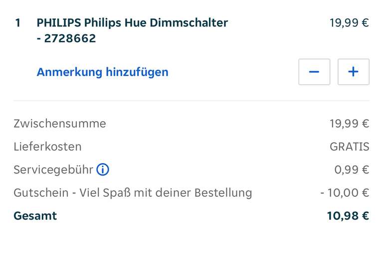 [lieferando App: (teilnehmender) Mediamarkt] Philips Hue Smart Plug Steckdose (auch andere Artikel) - 10 Euro günstiger - Dimmschalter 10,98