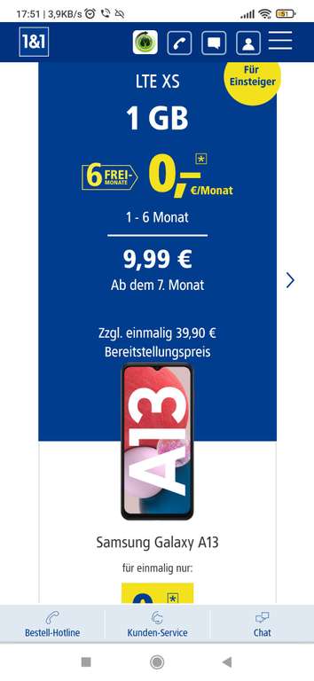 Samsung Galaxy A13 mit Vertrag. 24 Monate Laufzeit, 1GB Allnet Flat, 1&1 für effektive 19,81€ (durch Tauschprämie)