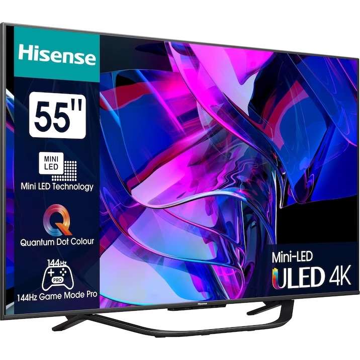 Hisense 55U7KQ 139 cm (55 Zoll) Fernseher 4K Mini LED ULED HDR Smart TV, 144Hz, HDMI 2.1, Dolby Vision IMAX Atmos Bluetooth Alexa 2023 U7KQ