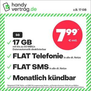 sim.de / handyvertrag.de | 17 GB 5G LTE +Allnet+SMS-Flat+VoLTE&WLAN Call für 7,99€ / nur 6€ Anschlussgebühr | 5GB - 4,99€ | 10GB - 6,99€