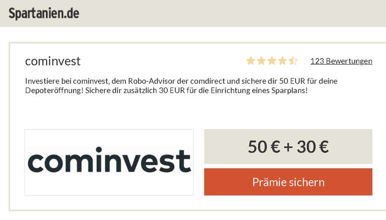 [cominvest + Spartanien] 50€ für cominvest Depot (Robo-Advisor) + 30€ für Anlegen eines Sparplans, mind. 3 Sparraten, Neukunden, eID möglich