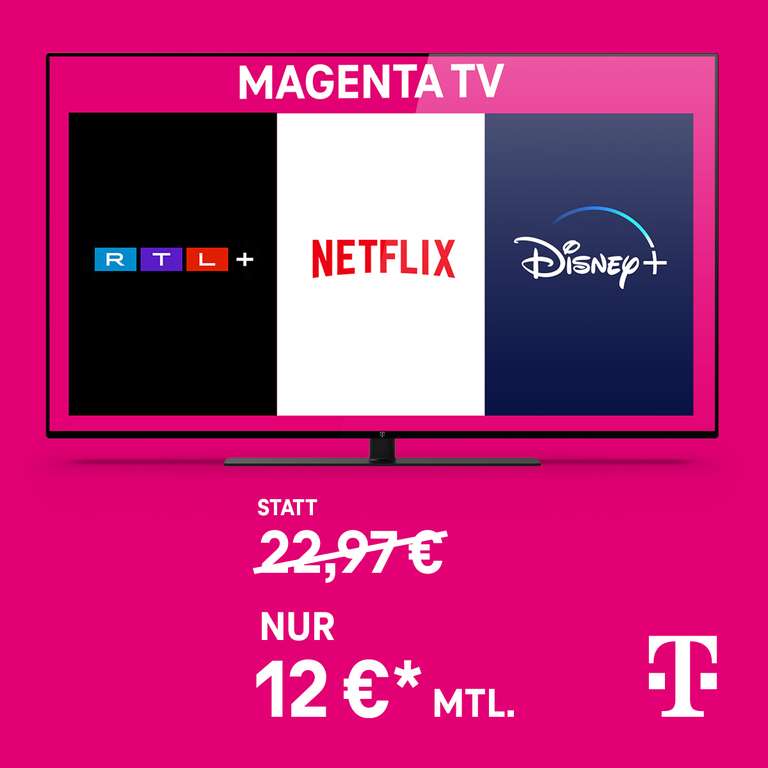 [Neu- & Bestandskunden] Telekom MagentaTV SmartStream inkl. RTL+ Premium, Netflix & Disney+ mit Werbung für 12€ pro Monat | + 6 Freimonate