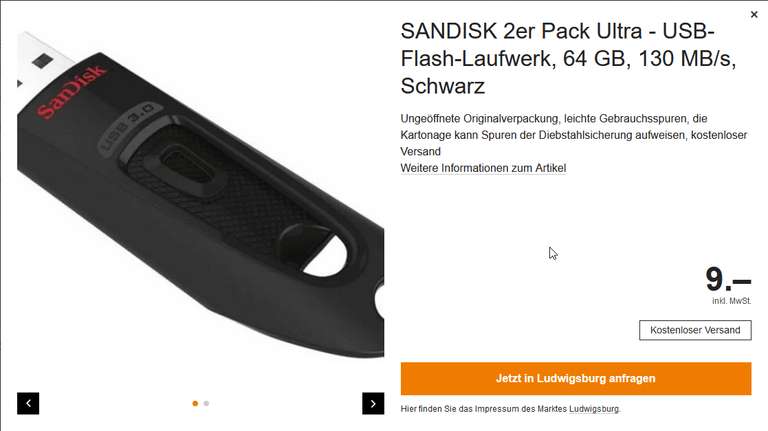 [Saturn] SanDisk Ultra USB 3.0 Flash-Stick mit 64 GB und 130MB/s im Doppelpack für 9 EUR (=> 128 GB)