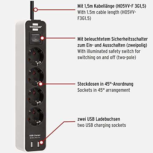 Brennenstuhl 4-Fach Steckdosenleiste Schalter, USB, 1,5m (Prime) 2 mydealz | Kabel Ecolor, x
