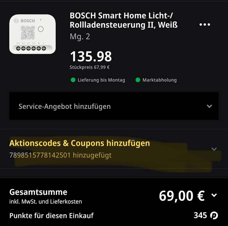 2x BOSCH Smart Home Licht-/Rollladensteuerung II, 34,50€/Stück