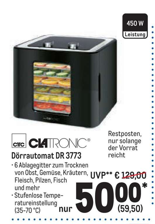 [Metro - Offline] CLATRONIC DR 3773 Dörrautomat (450 Watt) - 59,50€ - VGP 92,02€ inkl. Versand