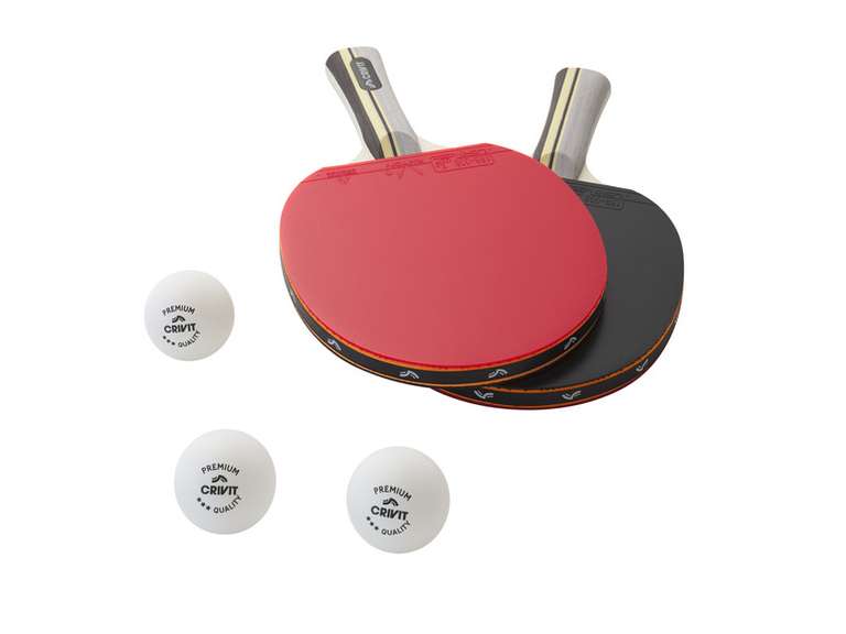 (LIDL ab 22.04.)) CRIVIT Tischtennis-Set, 2 x TT-Schläger, 3 x TT-Bälle, 1 x Tasche oder 1 TT-Netz für je 9,99