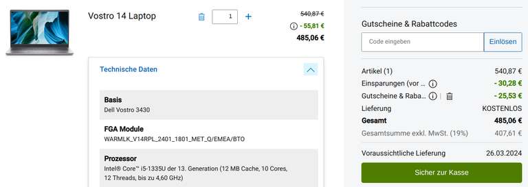 [Unidays] Dell Vostro 3530 (14", 1.080p, IPS, 250nits, i5-1335U, 16/512GB, aufrüstbar, USB-C, bel. Tastatur, RJ45, 41Wh, Win11 Pro, 1.44kg)