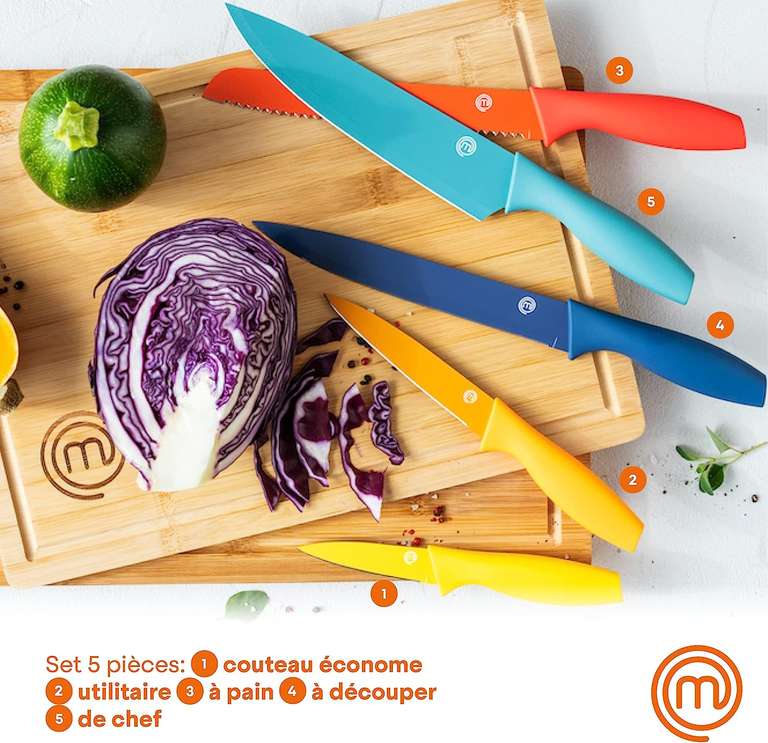 [Prime] MasterChef Messerset 5-teilig, Farbkollektion | Kochmesser, Gemüsemesser, Schälmesser, Schneidemesser & Brotmesser