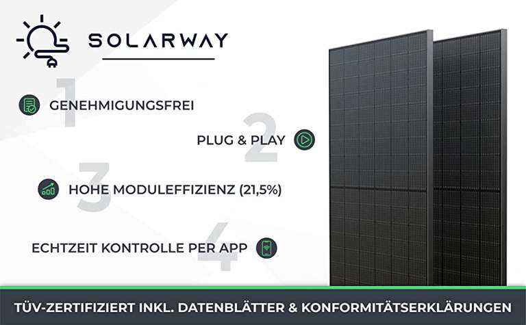 Solarway Balkonkraftwerk 800W Komplett Steckdose (2x 400W JaSolar-Module, 1 x Deye Wechselrichter mit APP&WiFi + Zubehör, Plug&Play)