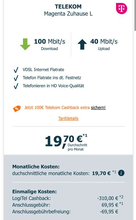 Logitel Telekom Magenta Zuhause L 100mbit/s 310€ Cashback (ohne Mietrouter) +Shopbuddies Cashback 22,50 € +Kommentare lesen!