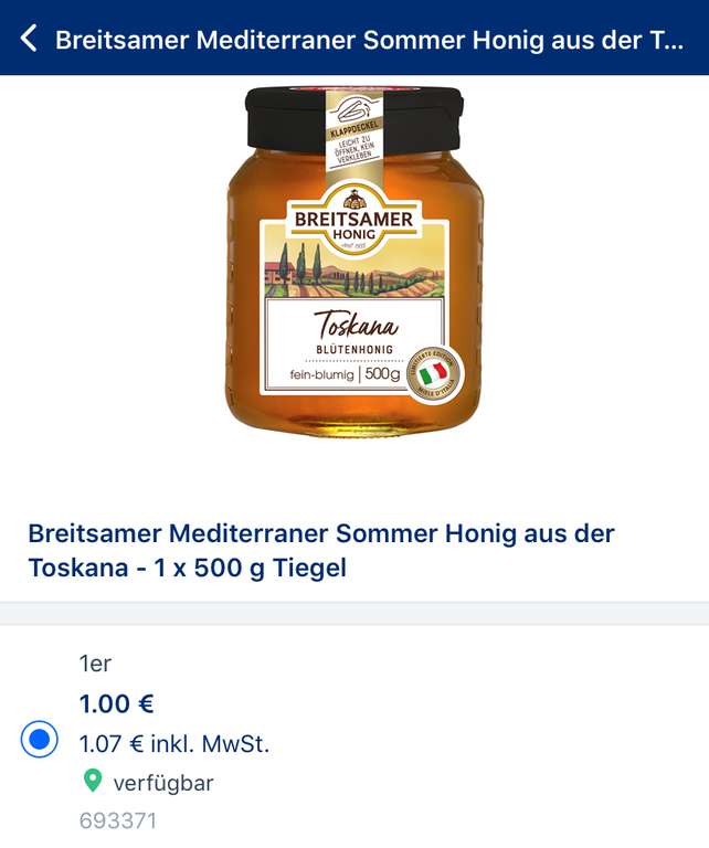 [Lokal Metro Schönefeld] Preisfehler Breitsamer Sommer Honig aus der Toskana - 1 x 500g Tigel