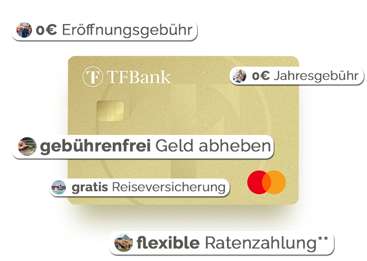 TF Mastercard Gold: 100€ KwK (50+50€), kostenlose Kreditkarte inkl. Reiseversicherungen, weltweit gebührenfrei bezahlen