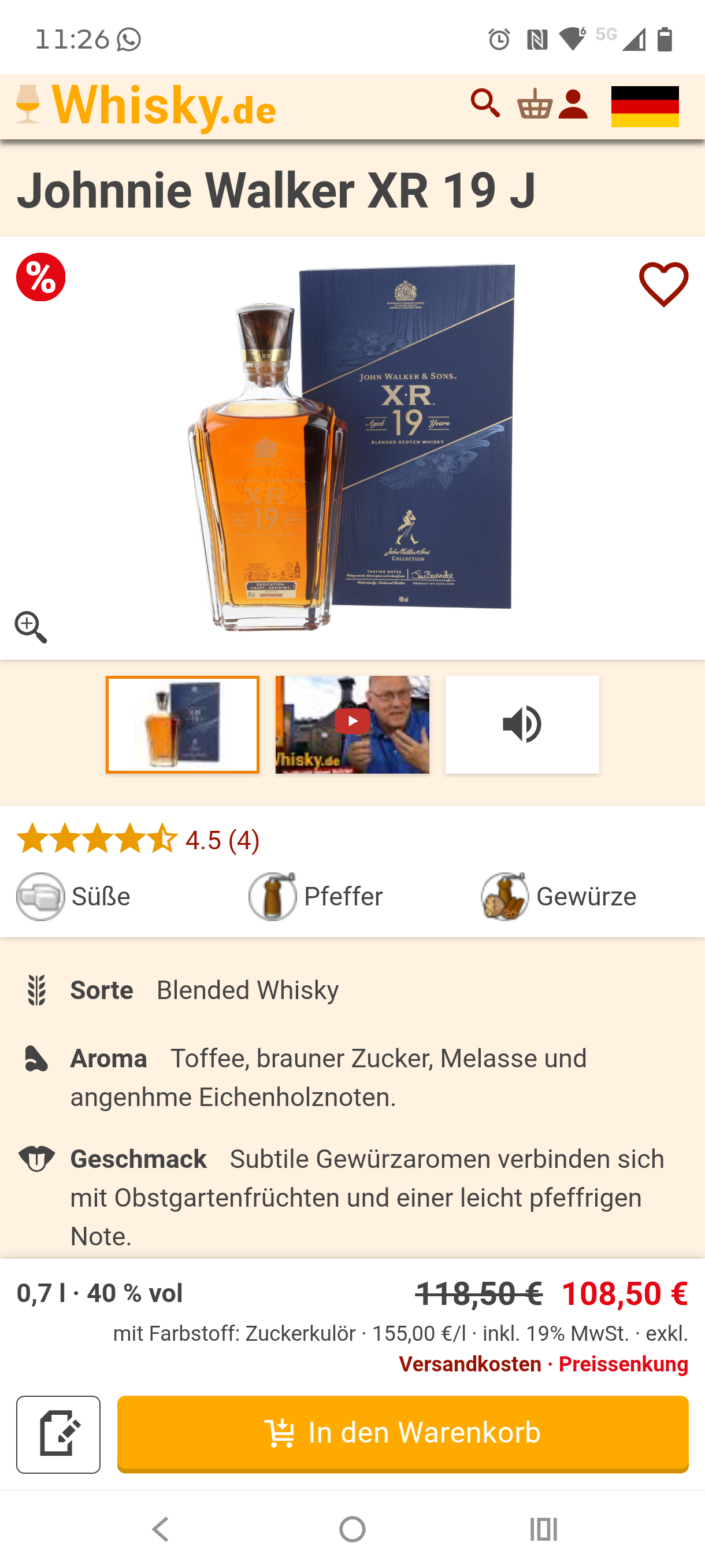 Johnnie Walker XR 19 Jahre 40.0% 0,7l Blended Scotch Whisky