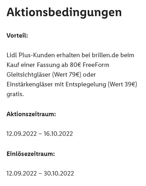 [Lidl Plus App] Gratis Freeform Gleitsichtgläser (Wert 79€) oder Einstärkegläser (Wert 39€) bei Kauf einer Fassung ab 80€ bei brillen.de