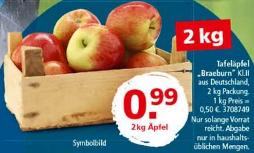 [Parsdorf / Weiterstadt] Segmüller am 28.01.23 (10-18 Uhr): Apfel Sorte Braeburn 2kg-Kiste für 0,99€ + Gratis Glas mit Apfelsaft erradeln