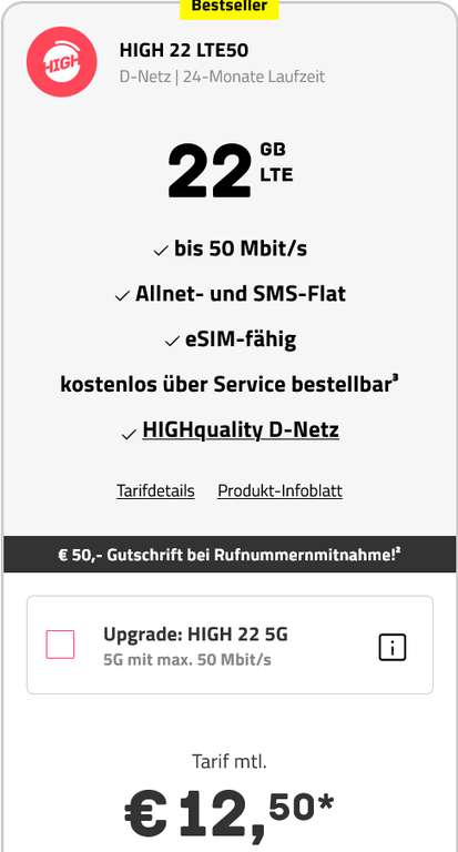 Telekom Netz, Sim Only: High Mobile Allnet/SMS Flat 22GB LTE, VoLTE/Wifi Calling 12,50€/Monat, effektiv 8,33€/Monat durch Bonus