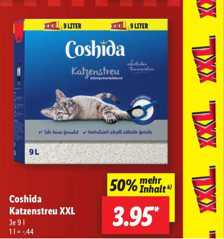 [LIDL] Coshida 9Liter Katzenstreu, Literpreis: 44 Cent