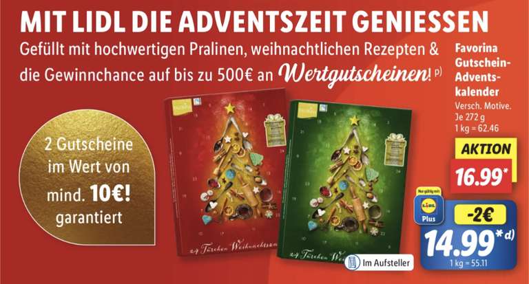 LIDL Favorina Gutschein Adventskalender mit Lidl Plus für 14,99 (ohne 16,99€) und 10€ garantiertem Gutscheingewinn