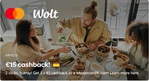 [Mastercard] 3x 5€ Cashback-Guthaben (WOLT Lieferbestellungen, Bestands- & Neukunden)