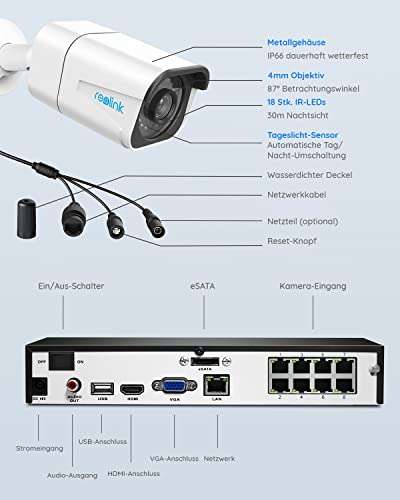 Reolink 4K Überwachungskamera-Set mit 4X 8MP PoE IP Kamera, 2TB HDD NVR für 24/7 Aufnahme, Personen-/Fahrzeugerkennung