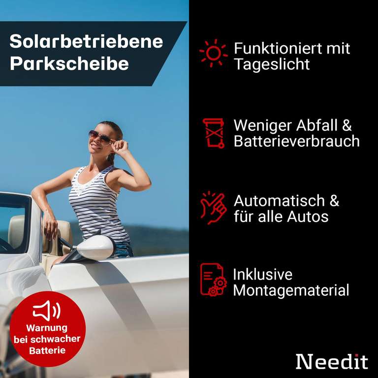 Needit Park Lite SOLAR I Parkscheibe elektrisch mit Zulassung vom Kraftfahrt-Bundesamt I Solarzellen I Schwarz