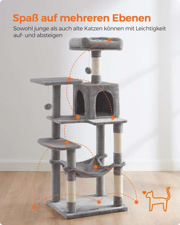 Feandrea Kratzbaum, 143 cm hoch, Katzenbaum, mehrstöckige Katzenhaus, mit 4 Kratzsäulen, 2 Plattformen, Hängematte