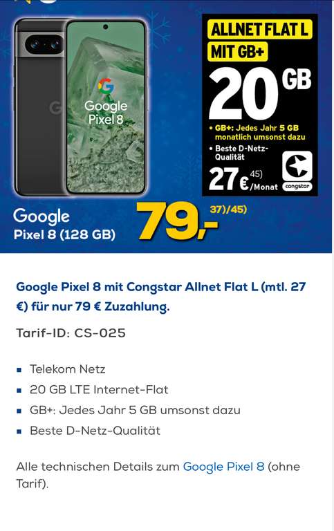 Euronics Google Pixel 8 mit Congstar Allnet Flat L (mtl. 27 €) für nur 79 € Zuzahlung