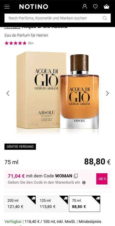 Giorgio Armani Acqua di Giò Homme Absolu Eau de Parfum 75ml 71,04€ / 200ml 97,12€ [Notino]