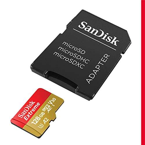 SanDisk Extreme microSDXC UHS-I Speicherkarte 128 GB + Adapter A2, C10, V30, U3, 190 MB/s Übertragung, RescuePRO Deluxe, PRIME
