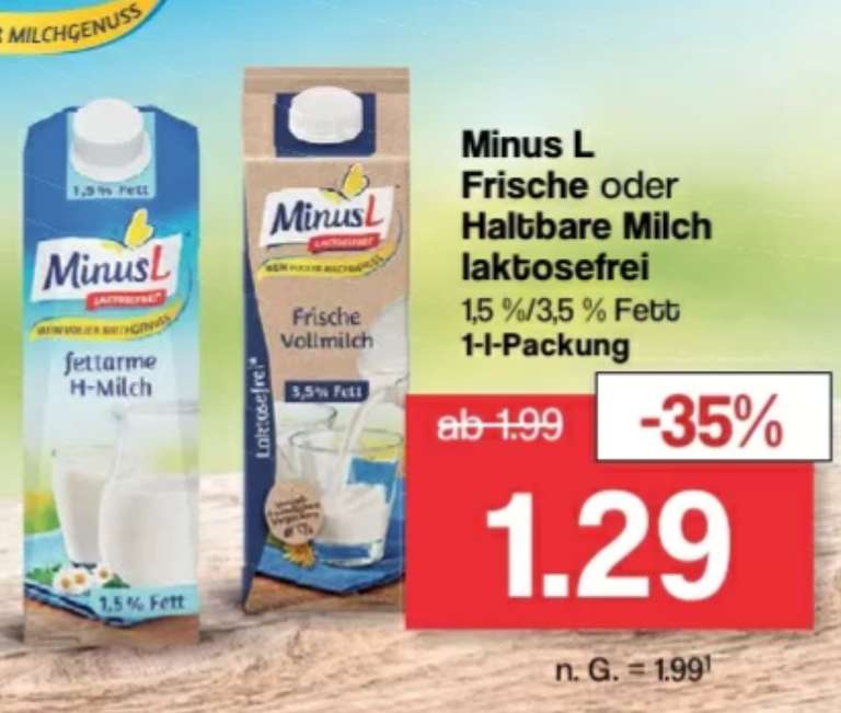 [Famila Nordwest] 2x Minus L Frische oder Haltbare Milch 1-Liter für 1,04€/Packung [LOKAL]